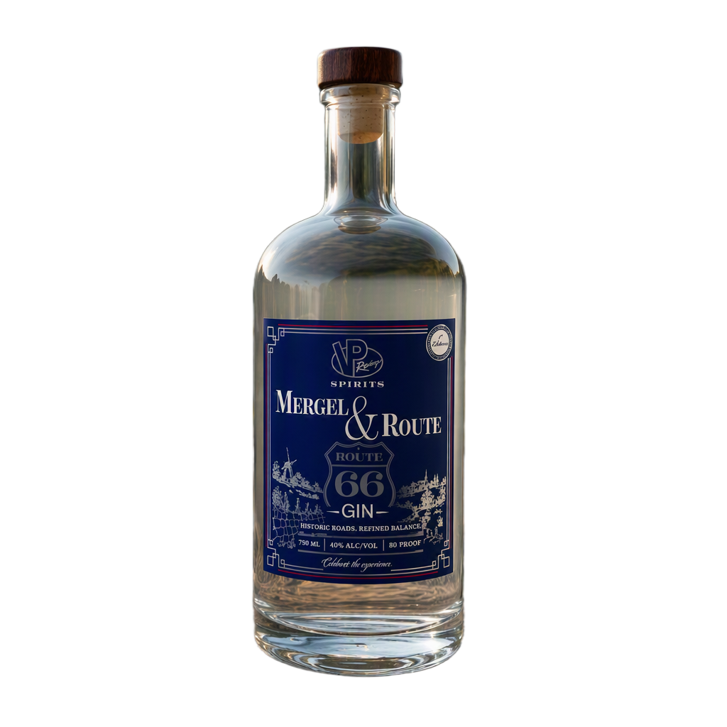 A bottle of Gin by Mergel & Route from VP Racing Spirits, featuring a dark blue label with white text and illustrations, sealed with a dark brown wooden stopper, on a plain white background.
