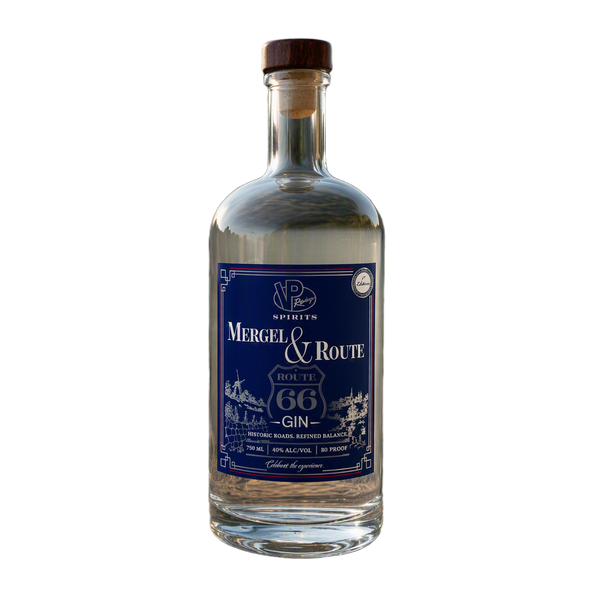 A bottle of Gin by Mergel & Route from VP Racing Spirits, featuring a dark blue label with white text and illustrations, sealed with a dark brown wooden stopper, on a plain white background.
