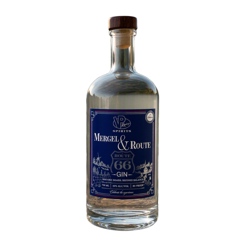 A bottle of Gin by Mergel & Route from VP Racing Spirits, featuring a dark blue label with white text and illustrations, sealed with a dark brown wooden stopper, on a plain white background.